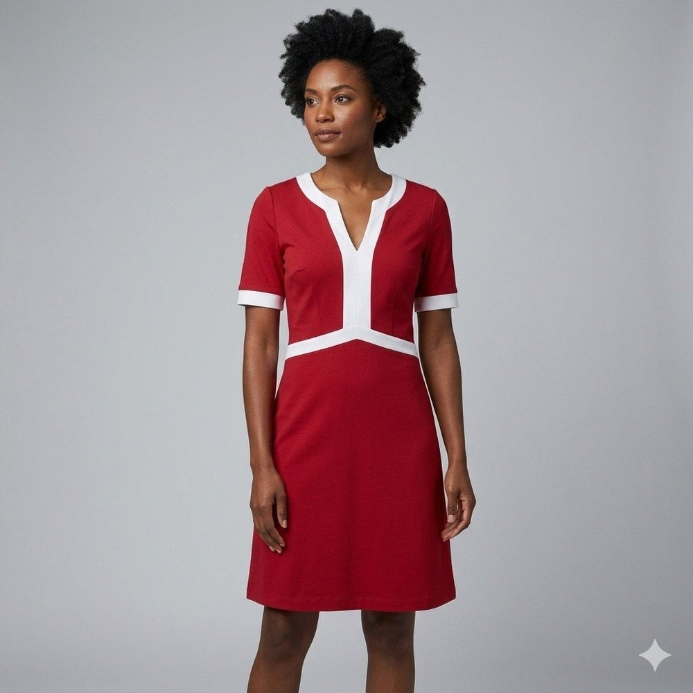Boden Red White Colorblock Jersey Notched V-Neck A-Line Dress US 8
